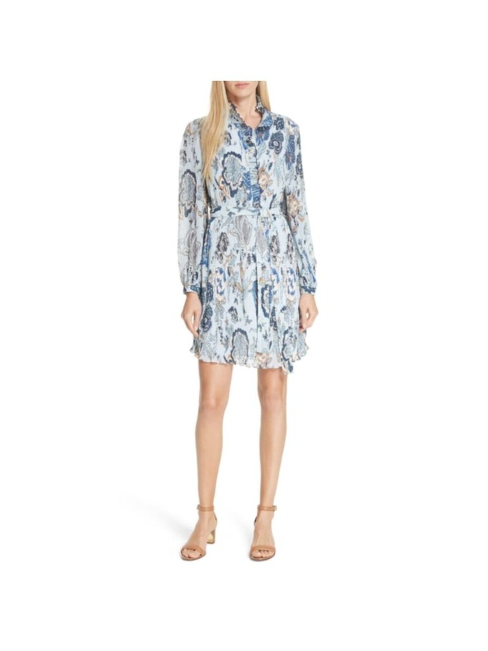 Tory Burch Deneuve Floral Blue Plissé Pleat Long Sleeve Ruffle Trim Dress 0